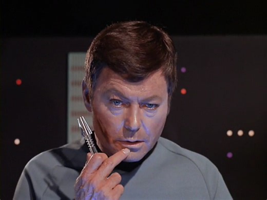 Starfleet Records. Starfleet personnel: James T. Kirk, captain of the USS Enterprise NCC-1701. A matter of life or death. SD: 5431.4-5432.3 (2268) #CaptainKirk He exclaims in despair, "I am trying to thread a needle with a sledgehammer!" Drawing on his own skills with only a few minutes left, he connects Spock's speech center, allowing Spock to speak. Spock then assists McCoy in completing the re-connection of his brain. "I'll never live this down," McCoy says, "this Vulcan is telling me how to 