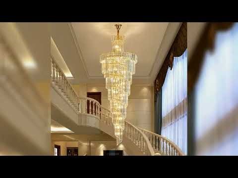 A must-have product! Long Crystal Staircase Gold Chandelier Modern Loft Crystal Lamp Luxury Villa