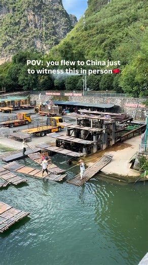 Chrisanna 🇨🇦 | UGC | TRAVEL REELS on Instagram: "If you’re in China… you can’t miss this 😳💦 Rafting the Yulong River is a seriously bucket list experience. 🌄 These bamboo rafts were once local river transport, used for centuries to move people and goods, so you’re literally drifting through living culture and nature. Slide past karst mountains, bamboo forests, and tiny villages, then hit mini drops that feel like a natural water ride 😂💨 ⚙️ The ride: Locals pull rafts out, restack, and sen