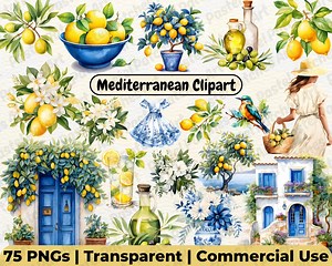 Mediterranean Clipart, Watercolor Lemon Clipart, Amalfi Coast, Blue and White Tiles, Azulejo Portuguese Designs, Greece Art, Summer Clipart - Etsy