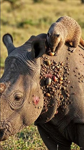 Tiny Mongoose Cleans a Massive Rhino in an Incredible Wildlife Moment! 🦏 #animalfacts #nature