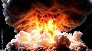Video of a massive explosion with fiery debris and thick smoke billowing in a dramatic display against a dark background