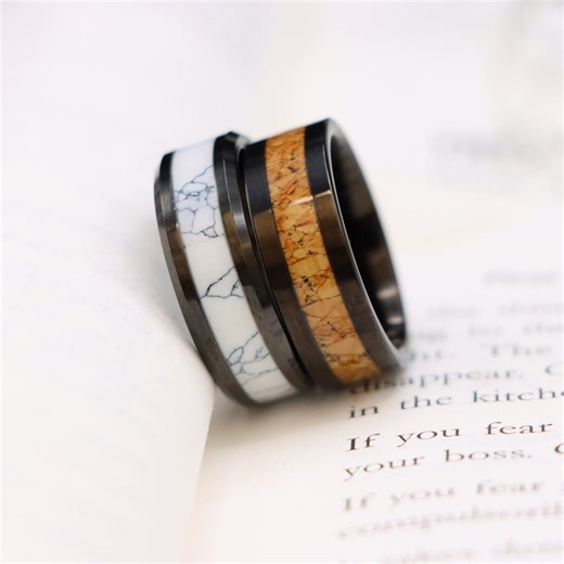 White Turquoise Tungsten Wedding Ring, Black Band With Marble & Cork - Etsy