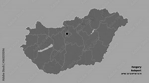 Budapest, capital city of Hungary, with its capital, localized, outlined and zoomed with informative overlays on a bilevel map in the Stereographic projection. Animation 3D
