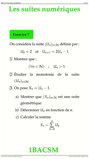 Exercice 7 Les suites numeriques 1BACSM Maths space2study M1BSMS4v15 #maths