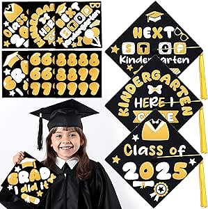 Qyeahkj 26 Pcs Graduation Hat DIY Stickers for Pre-K Kids Grad Caps Topper Decoration Black Gold Self-Adhesive Sticker Art Crafts for Summer Kindergarten Preschool 2026 Graduation Party Supplies Favor