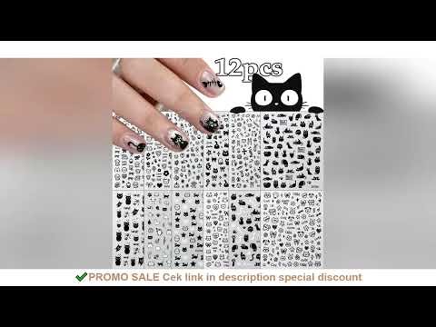 12sheet Cartoon Black Cat Nail Stickers Set Multiple Action Kawaii Puppy Kitten Nail Art Decals Adhe