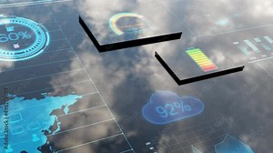 Renewable Energy Data Animation Screen. 3D reflective digital display surface with animated Information and charts. 3D render green energy concept animation.