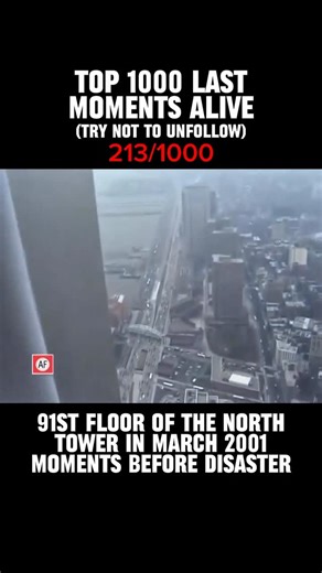 Last Moments Alive on Instagram: "In March 2001, this video was filmed from the 91st floor of the North Tower of the World Trade Center. Six months later, that same floor would become a boundary between life and death. On September 11, 2001, Flight 11 struck the building between floors 93 and 99, trapping everyone above. The 91st floor was the highest level from which anyone survived. When the impact came, survivors on this floor faced smoke, falling debris, and total confusion. By rare chance, 