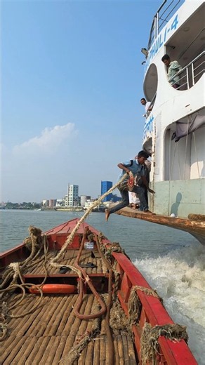 How the boat tied up to the fast-moving Karnaphuli-4 ship. Boarded the ship. #shorts #trending