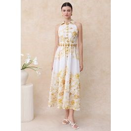 Yellow Floral Printed Collared Halter Neck Embroidered Maxi Dress