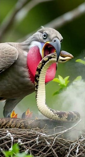 목 부풀린 어미새의 무자비한 공격! 뱀의 두개골을 물어뜯다