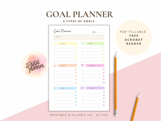 Pastel Goal Setting Planner, Yearly Goal Tracker, 6 Types of Goals (PDF Fillable) - Etsy
