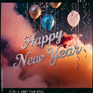 Festive Happy New Year design featuring elegant blue cursive text against a backdrop of celebratory elements. Balloons, streamers, and confetti float in the air while clouds of colored smoke