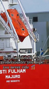 Imagine dropping 50 feet straight into the ocean inside that orange capsule! 😱 The STI Fulham Majuro's free fall lifeboat is designed for rapid evacuation when every second counts ⚓🌊 #MaritimeLife #SafetyAtSea #FreeFallLifeboat #Lifeboat #MaritimeSafety #SafetyAtSea #MaritimeLife #Maritime #Shipping #ShipLife #VesselSafety | marine photography