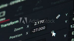 Video size post-production video in progress, close-up. Video editing and professional color correction software. . Macro screenshot of monitor screen. numbers and video parameters