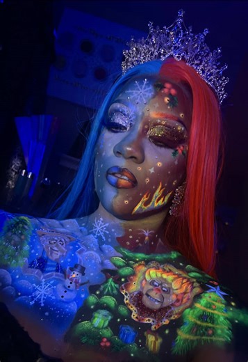 MISER BROTHERS 🥶❄️☃️🩵🎄❤️‍🔥🔥☀️ Snow miser & Heat miser (Face version) Chest version before this one Happy Holidays & early CHRISTMAS Thank you this took 34hrs to do Follow me on instagram empress.lane @Glisten Cosmetics LTD spectra base 🌟 red, yellow, orange, white, blue, pastel blue, dark blue Wet liners🌟 Evergreen, double demin, jasper, uv it, chocolate chip @Makeup A Murder, INC. neon & pastel neon bundle Suvabeauty water activated liners palettes @Morphe Cosmetics Abby Robert’s palette