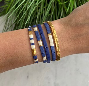 Navy Stackable Beaded Bracelets | Glass Tile Bracelets | 24k Gold | Miyuki Tila | Stretchy Elastic Bracelet | Stretchy Elastic Bracelet - Etsy