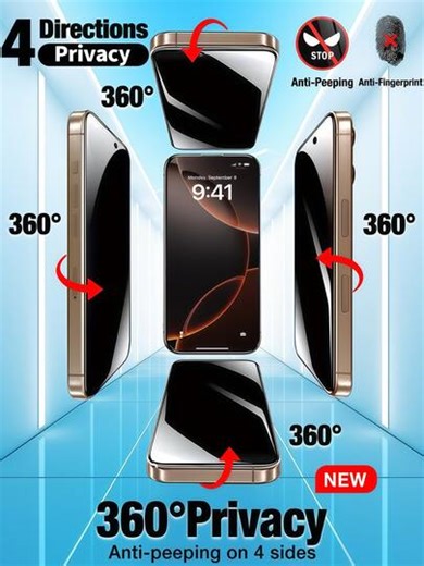 Yezodawee 360° All-Round Privacy Tempered Glass Screen Protector For IPhone 17 Pro Max/17 Pro/17 Air/17/15 Pro Max, Horizontal And Vertical Full Privacy Protection, 6.7 Inch Full Coverage, Anti-Scratch, Anti-Fingerprint, 9H Hardness, Compatible With Face ID, Also Suitable For IPhone 14 Pro Max/13/12/11/XS Max/XR Series | SHEIN