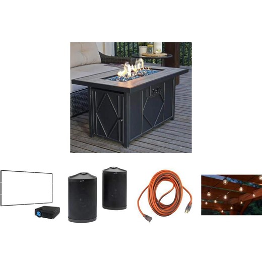 Patio Bluetooth Speakers, 42 in. 60,000 BTU Fire Pit, 50 ft. Extension Cord, 25 ft. String Light and Projector Combo - The Home Depot