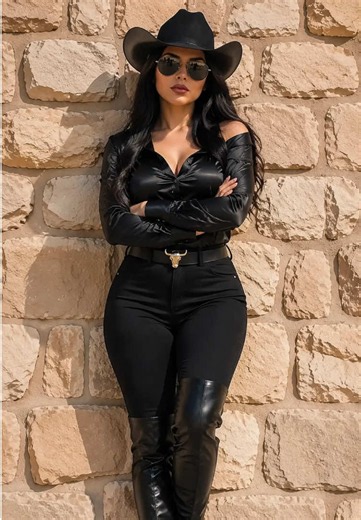 #hypic #hypiccreator #Godpic All-black western cowgirl fit hits so different against stone walls🤠 Obsessed with this sleek black satin cowgirl outfit! Who’s ready to rock this modern cowgirl street style? Classic all-black cowgirl look against rustic stone backdrop🪨 Black satin off-shoulder shirt   leather boots = perfect western vibe Edgy modern cowgirl styling with bull buckle belt detail My favorite all-black western cowgirl OOTD for outdoor shoots✨ Trendy dark cowgirl fit with vintage cowb