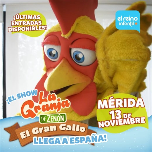 ¡Atención España! 🇪🇦🐴 Bartolito, Zenón y toda la granja te invitan a disfrutar del nuevo show "El Gran Gallo" de La Granja de Zenón este domingo, 13 de noviembre en Mérida👨‍🌾🐴🐷 Disfruta en familia de un show inmersivo, que te permitirá transitar por las cuatro estaciones del año acompañado de sus mejores canciones.🐓🌞 ✅Recuerda, te esperamos este 13 de noviembre en Mérida a las 16:30 y 19:00 hs 🧡¡ÚLTIMAS ENTRADAS DISPONIBLES! 🔴Locación: Palacio de Congresos de Mérida 🌾Adquiere tus ent