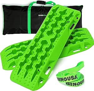 Rhino USA Off-Road Recovery Traction Boards - 2 Pack Ultimate Tire Traction Mountable Mats for 4X4 Vehicles in Sand, Mud & Snow. Heavy Duty Zipper Carry Bag and Leashes Included - (Green)