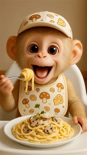 Baby Monkey Eats Spaghetti for the First Time 🍝🐒 So Funny! #shorts
