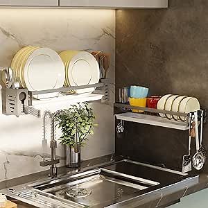 Wall Mounted Dish Drying Rack, Apartment&RV Hanging Wall Mounted Dish Rack, 2 Drain Trays, 2 Pcs, Adhesive Mountable, Small Size, length-17.2", 10" + 8" Dishes Side by Side, Antirust, Gray