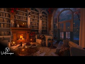 Autumn Library | Night Ambience | Fireplace, Lake, Forest Nature, Rain & Thunderstorm Sounds