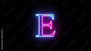 Neon capital letter alphabet E animation. Purple and blue neon font letter "E" on black background. Educational concept