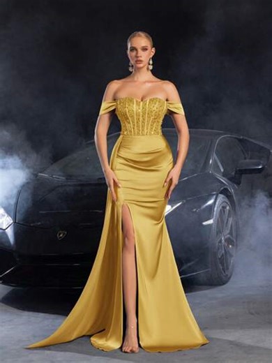 Faeriesty Elegant Off-Shoulder Evening Gown, High Slit Design, Side Draping Flowing - Luxurious Satin Formal Dress, Suitable For Red Carpet Events, Formal Galas, Awards Ceremonies, Black Tie Weddings, High-End Fashion Shows, Parties, And Wedding Guests | SHEIN