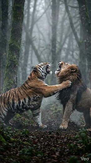 Tiger vs Lion Confrontation in the Dark ForestTiger vs Lion Confrontation in the Dark Forest