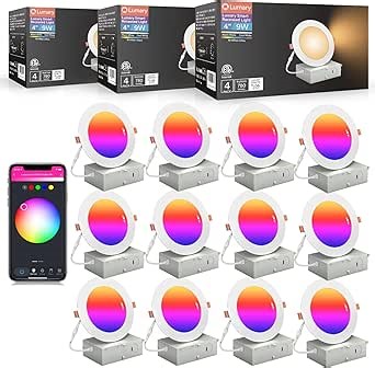 Lumary Smart Recessed Lighting 4 Inch Canless LED Recessed Lights 9W 780lm Color Changing LED Downlight Wi-Fi Bluetooth Soffit Lights with J-Box Work with Alexa/Google Assistant (4 Inch, 12 Pack)