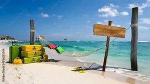 A wooden sign post , a pile of luggage, on a beach resort
