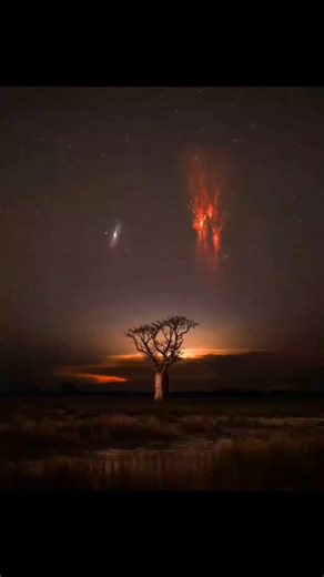 Red Sprites and the Andromeda Galaxy in one photo. Sprites form high above powerful thunderstorms, their red tendrils reaching toward space for just a few milliseconds. The light from them arrives almost instantly a heartbeat of ionised air captured on camera. Andromeda, by contrast, lies 2.5 million light-years away. The photons from that soft spiral began their journey long before humans ever looked up. In one frame, light that travelled for a few milliseconds and light that travelled for mill
