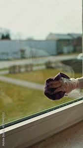 Washing windows with detergent. Cling cleaning of plastic windows. Washing dirty glass on windows in a private house.