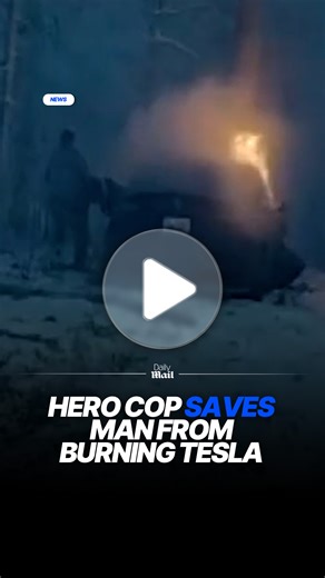 This is the moment a hero cop pulled a 34-year-old Maryland man from a burning Tesla on I-95 in Caroline County after his 2024 Model Y veered off the road and struck a tree early Friday morning. Virginia State Police Sgt. S. Page, aided by several Good Samaritans, broke a window to free the trapped driver, who suffered serious but non-life-threatening injuries. #tesla #herocop #hero #police | Daily Mail Australia