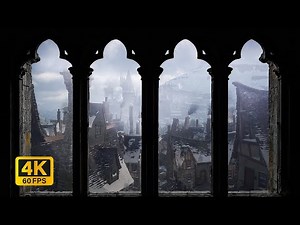 4K Hogsmeade Winter Window View - Cozy Snow Ambience, Hogwarts in the Distance -Study & Sleep Sounds