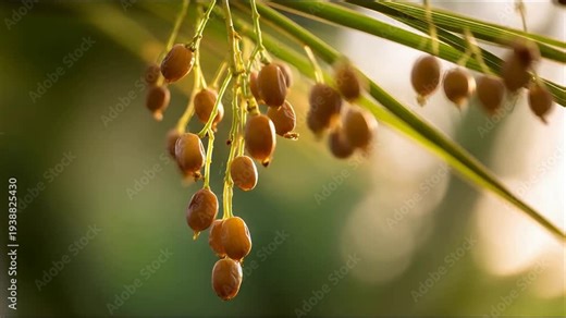 Delicious dates ripening naturally on a vibrant date palm tree bathed in warm golden sunlight.