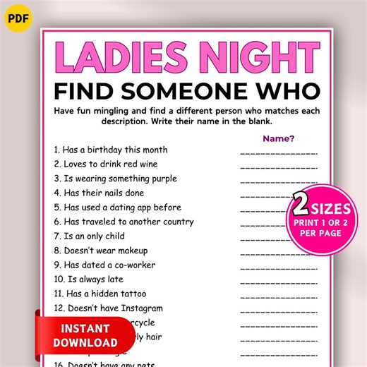 Ladies Night Games, Find Someone Who Game, Icebreaker Game, Get to Know You Game, Printable Girls Night Game, Hen Party Games, Group Game - Etsy