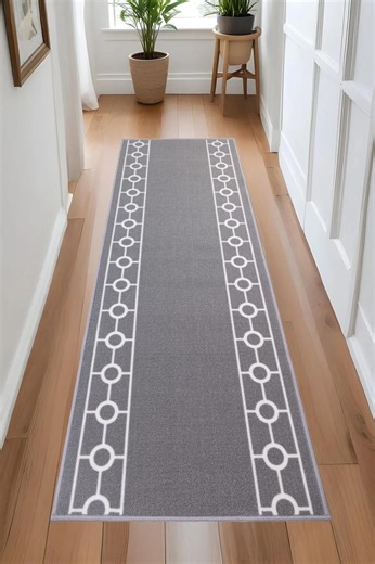 Custom Size Grey Runner Rug, Chain Border, Non-slip, Machine Washable, 26” 32” 36” Width, up to 50 Ft Long - Etsy