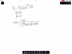 A rectangular, sharp-crested weir with end contractions is 1.4  m long. How high should it be placed in a channel to maintain an upstream depth of 2.35  m for 0.40  m^3 / s flow? I Q=1.83 L^' H^1 / 2 where L^'=L-0.2 H (due to end contractions). 0.40=(1.83)(1.4-0.2 H)(H)^3 / 2   H=0.30  m   P=2.35-0.30=2.05  m (height of weir) | Numerade