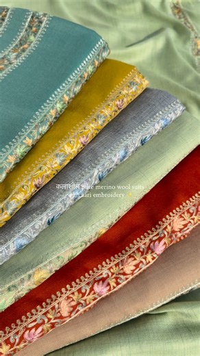 Kalasheel by Priyanka - Ethnic Unstitched Duppata-Suits on Instagram: "Gorgeous pure merino wool suits with beautiful Kashmiri aari embroidery with zari aari detailings having front panel, and ghera, beautiful dupatta pallus. It comes with pure merino wool bottom. Luxurious Winter wear handloom suits with traditional aari embroidery perfect for formal and party wear occasions. Call us on +918882932806 to book video call appointment Book directly on our website www.Kalasheel.com 🔍Search code: Pa