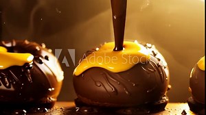 chocolate drizzle being poured onto candy apples, creating an attractive and mouthwatering visual effect