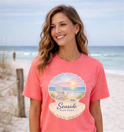 Seashell Beach Scene Sunset T-shirt Seaside Slow Down Tee Beach Cover Up - Etsy