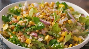 A fresh and flavorful buckwheat salad featuring a delicious mix of crisp greens juicy corn kernels and diced red onion.
