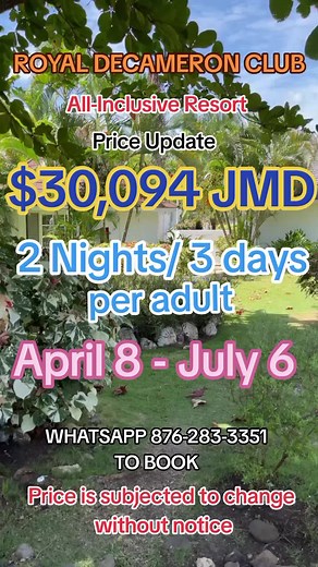 📍ROYAL DECAMERON CLUB RUNAWAY BAY, ST. ANN APRIL 8 - JULY 6 2 Night/ 3 Days PER ADULT $30,094 JMD PRICE IS SUBJECTED TO CHANGE WITHOUT NOTICE. For more information: WhatsApp 876-283-3351 Email: ohvacaetravelandtours@gmail.com Website: ohvacaetravelandtours.inteletravel.com #travel #explore #adventure #hotel #allinclusive #jamaica #vacation #luxurylifestyle #ohvacaetravelandtours #fyp