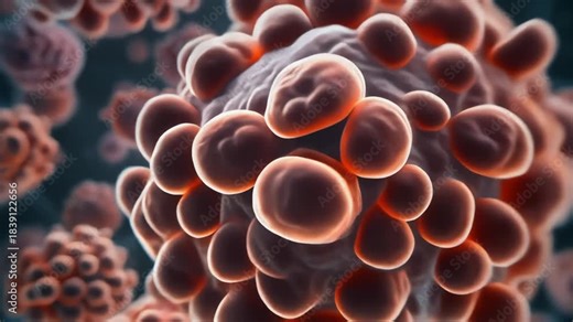 Microscopic view of a cluster of rapidly dividing cancer cells showing their abnormal structure and growth in a dynamic biological environment