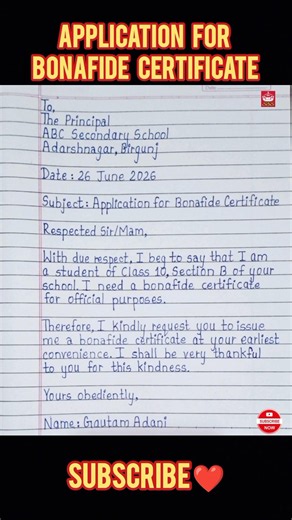 Application for Bonafide Certificate | Bonafide Certificate Application for students | Latest Format
